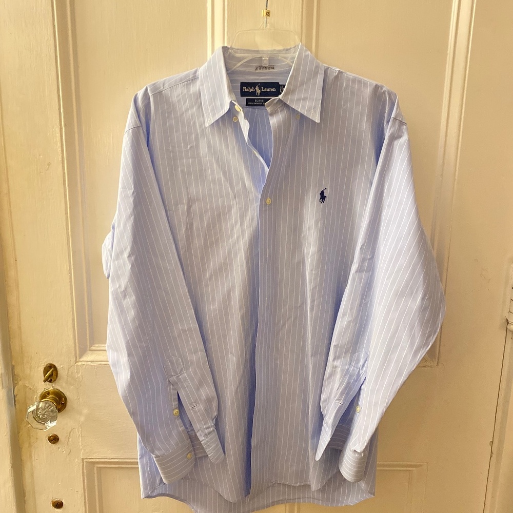 Ralph Lauren Men’s Small Two Ply Cotton Blake Blue White Striped Dress Shirt